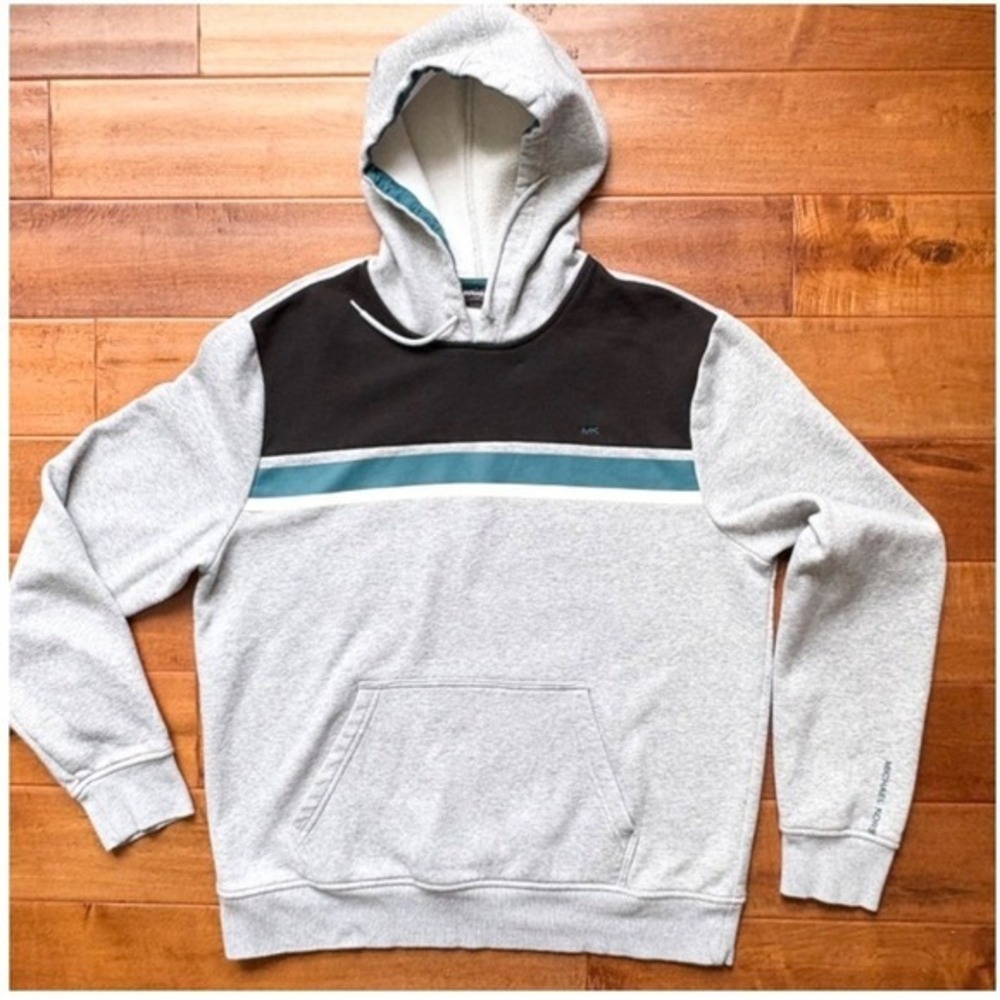 Vintage Michael Kors Hoodie Colorblock Stripe Logo, Mens XL Gray Black Teal